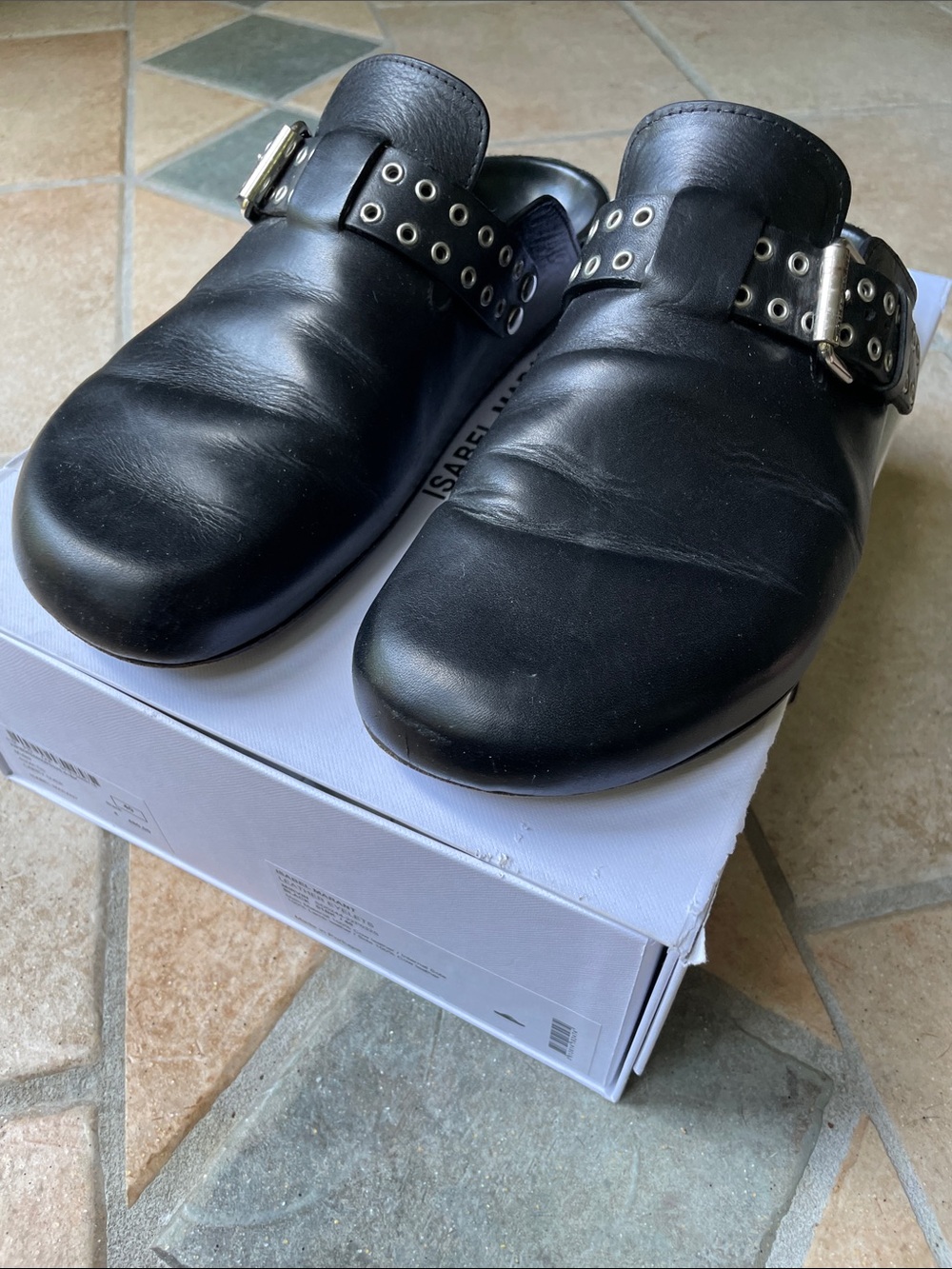 Isabel Marant Black Leather Buckle-Detail Slip-On Clogs